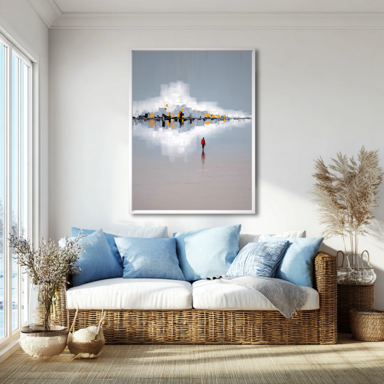 A room pic shows an abstract sophisticated deco painting, creating elegant, pop, calm, minimalist, and futuristic vibes.