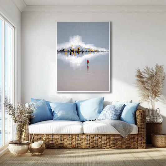 A room pic shows an abstract sophisticated deco painting, creating elegant, pop, calm, minimalist, and futuristic vibes.