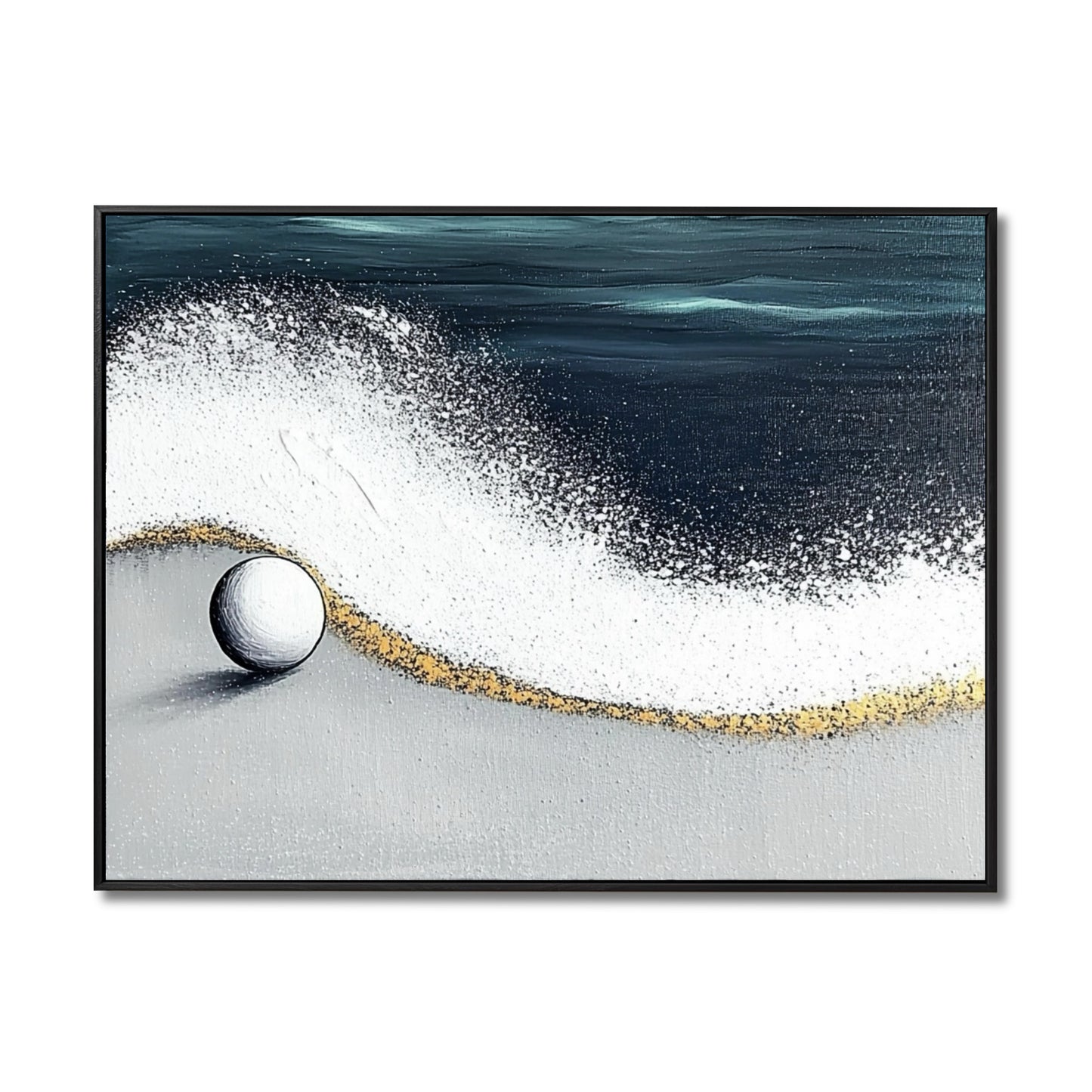 Original abstract painting of a blue ocean wave, white sphere, and gold accents on a grey minimalist beach.