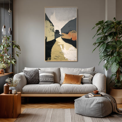 Textured abstract art unifies the eclectic living room, echoing the terracotta pillow and complementing the gray walls and large plants.