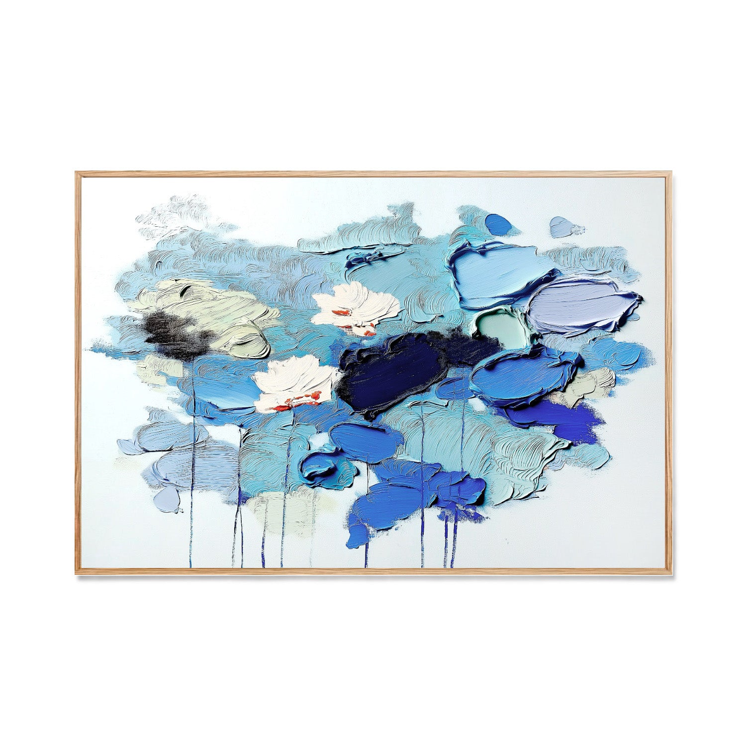 Original textured blue white abstract floral painting on canvas. Contemporary hand-painted art with cool tones.