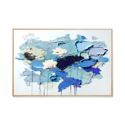 Original textured blue white abstract floral painting on canvas. Contemporary hand-painted art with cool tones.