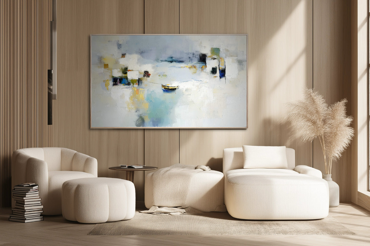 Cool blue abstract art offering light contrast to warm wood paneling, enhancing the luxurious feel of the cream bouclé furniture and rug.