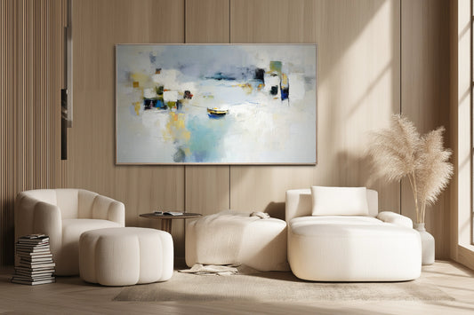 Cool blue abstract art offering light contrast to warm wood paneling, enhancing the luxurious feel of the cream bouclé furniture and rug.