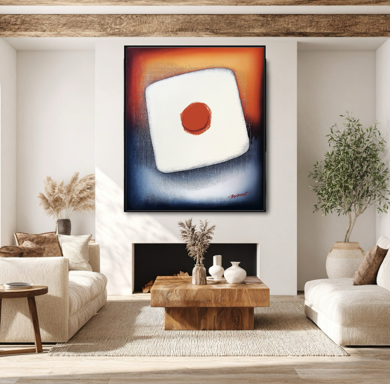 Original vibrant art over a non-working fireplace, elevating a rustic modern room with wood beams and light furniture.