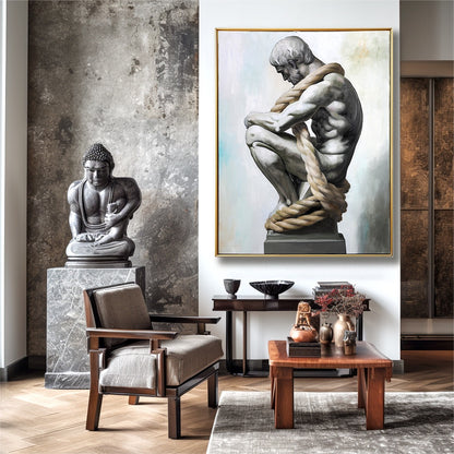 Living room with a Buddha statue, a wooden armchair, and a framed sculpture painting of a man bound by a rope.