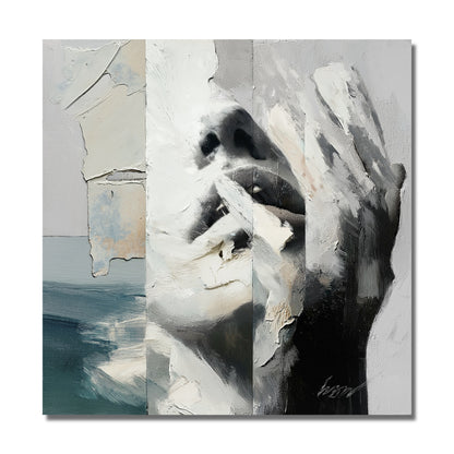 An original abstract portrait painting featuring textured impasto brushstrokes, a muted color palette, and a hand covering a face.