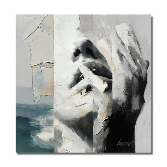 An original abstract portrait painting featuring textured impasto brushstrokes, a muted color palette, and a hand covering a face.