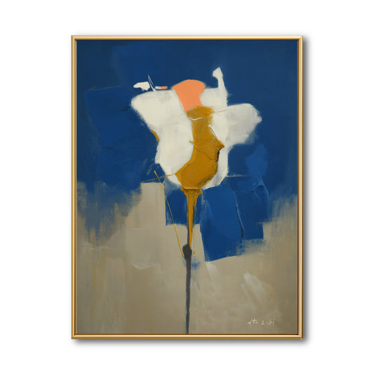Original abstract blue and white painting. Modern textured art featuring a deep blue background and vibrant gold ochre center.