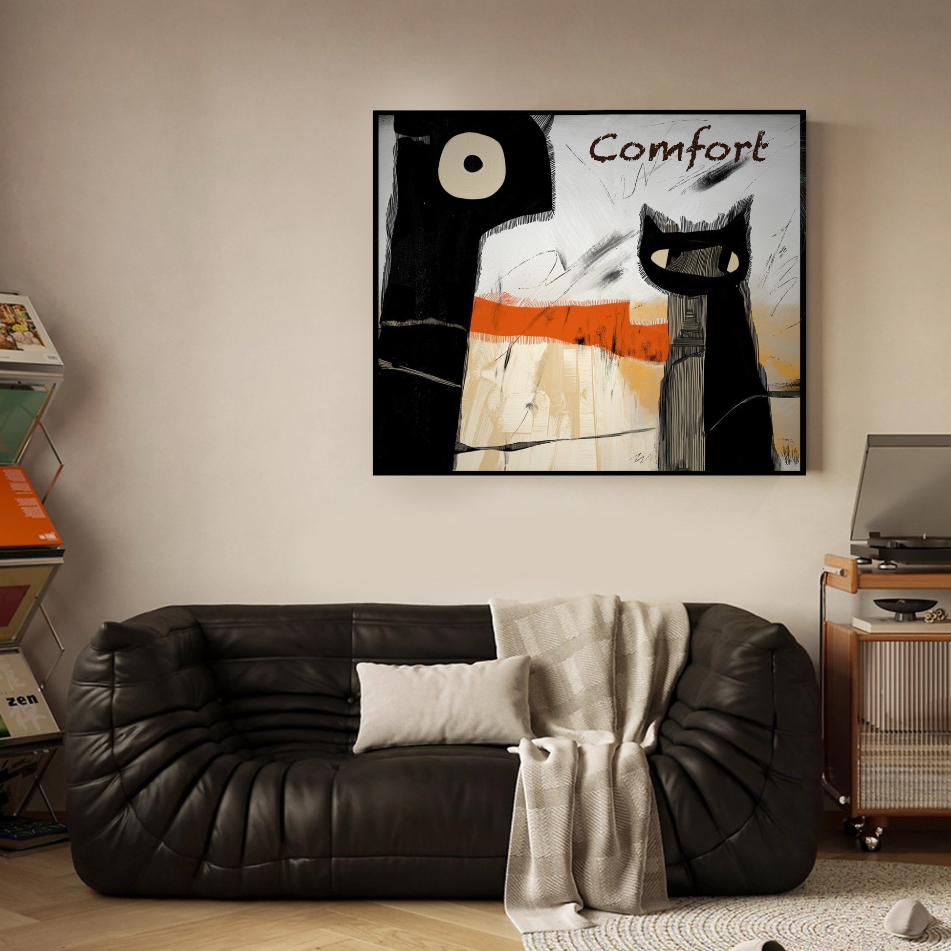 Modern abstract art above a black leather sofa; the orange stripe provides a warm focal point for the cozy, richly textured interior.