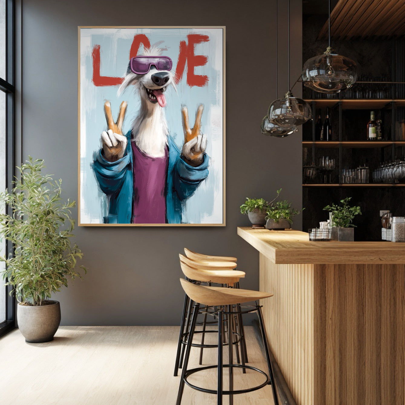 Street pop art dog brightens a modern industrial bar with dark walls, wooden counters, and chic pendant lights. Bold, urban statement.