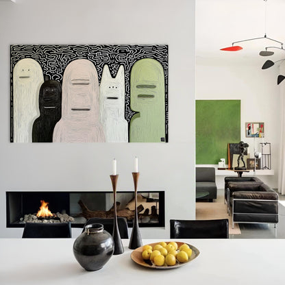 Large original modern art creates a striking visual contrast in a sleek, minimalist dining area with an open-plan view to a colorful lounge.