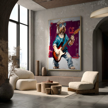 The whimsical dog guitarist art creates a modern, playful contrast to the rustic wood and textured concrete walls in this earthy Wabi-Sabi room.