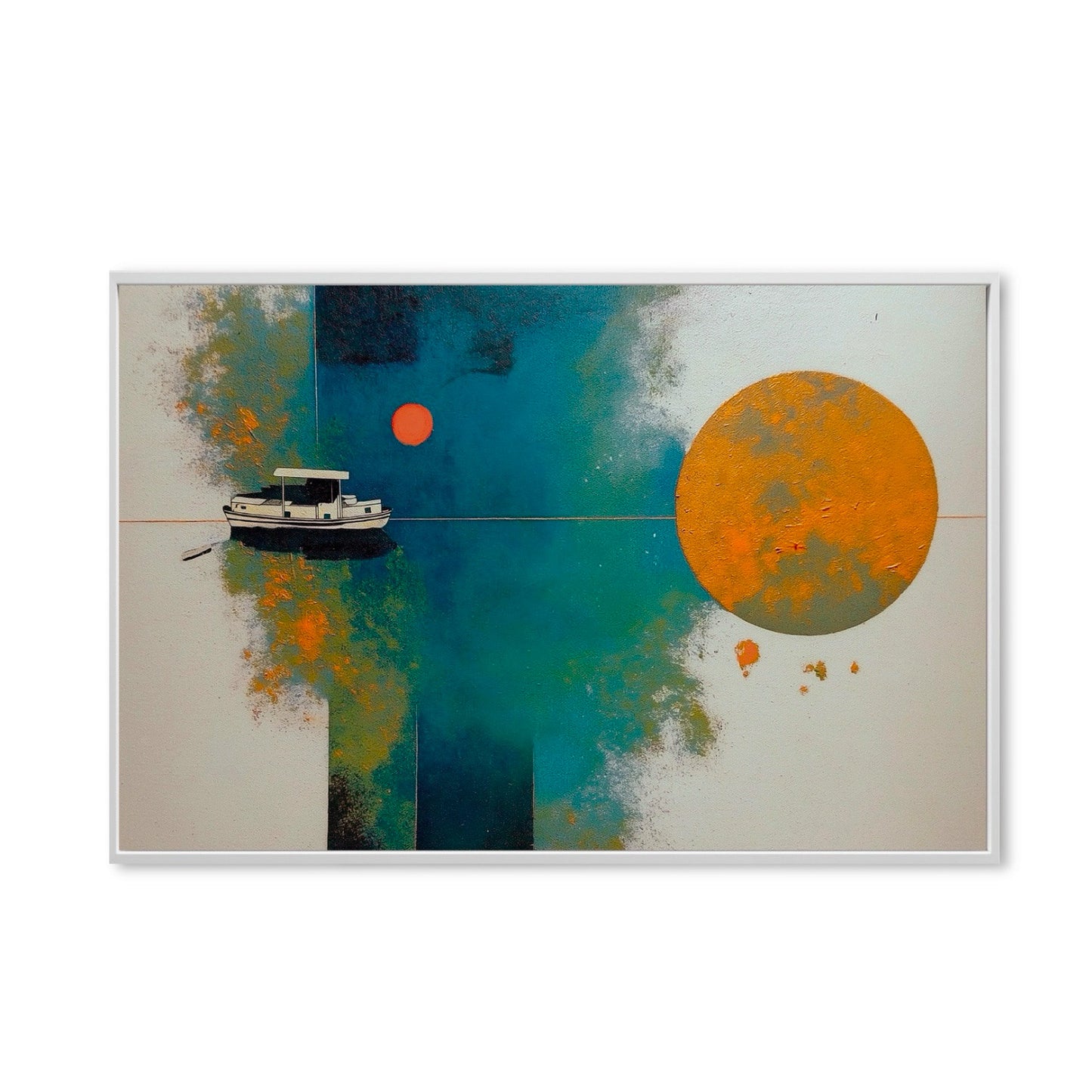 Original hand-painted abstract boat seascape. Modern style with bold orange sun, teal water, and white space. Nautical theme art.	