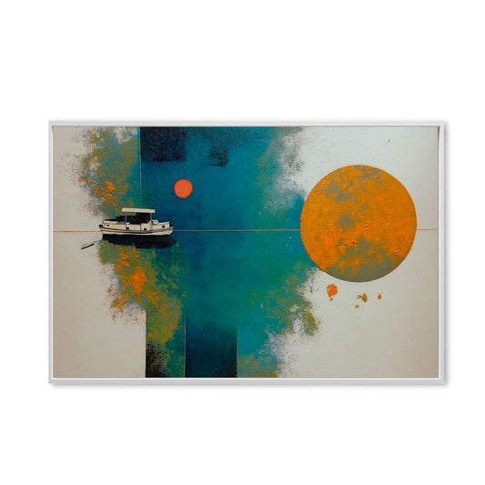 Original hand-painted abstract boat seascape. Modern style with bold orange sun, teal water, and white space. Nautical theme art.	