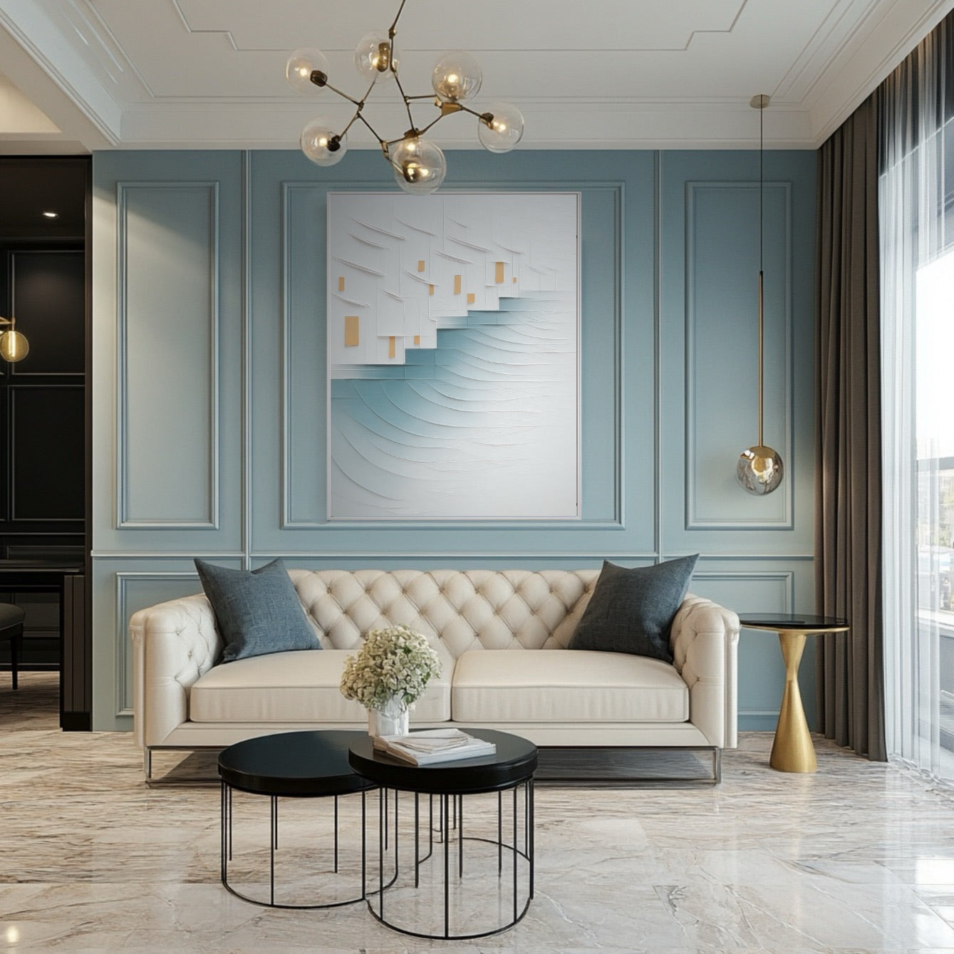 Modern living room with beige sofa, decorative pillows, and abstract art on the wall.