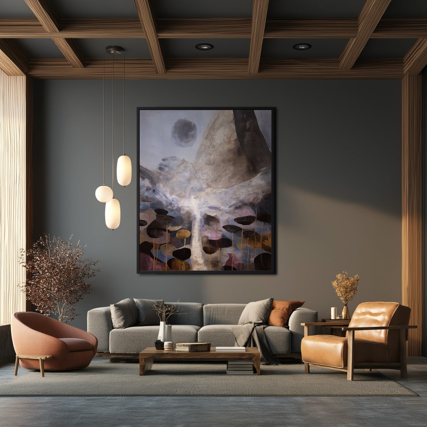 Abstract landscape artwork provides a soft, illuminated focal point over a gray sofa in a warm, sophisticated, modern living room.