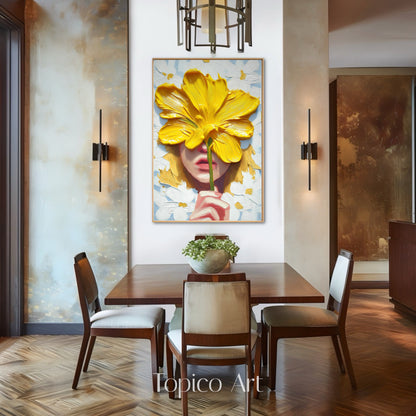 Bold yellow floral art brightens a warm, sophisticated dining area. The piece contrasts with the dark wood table and chairs, drawing the eye and complementing the accent wall paneling.