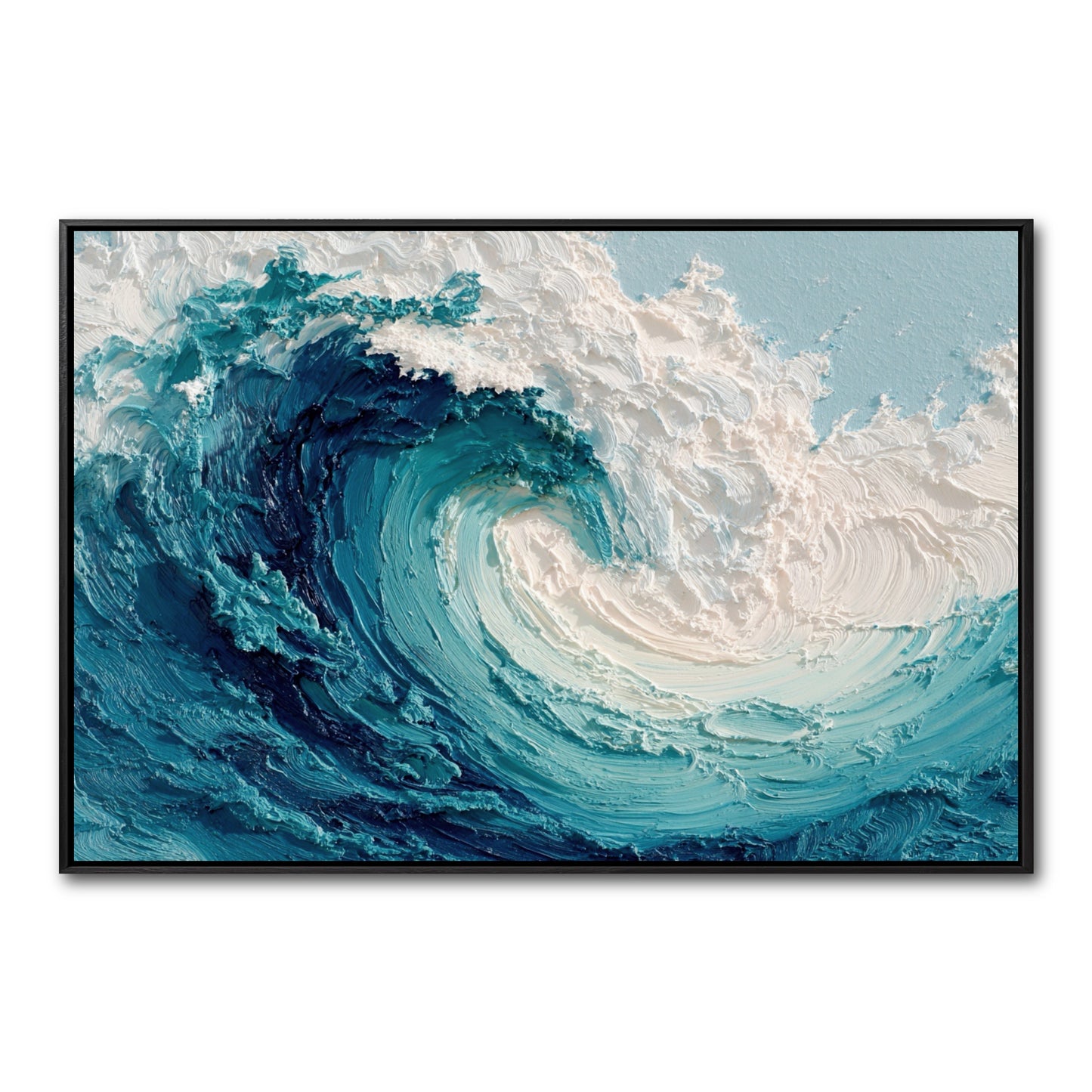 Original abstract ocean wave painting. Features heavy impasto texture of a curling wave in cool blue and white. Modern seascape art.