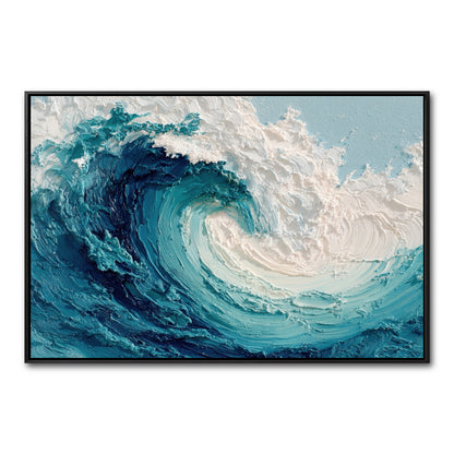 Original abstract ocean wave painting. Features heavy impasto texture of a curling wave in cool blue and white. Modern seascape art.