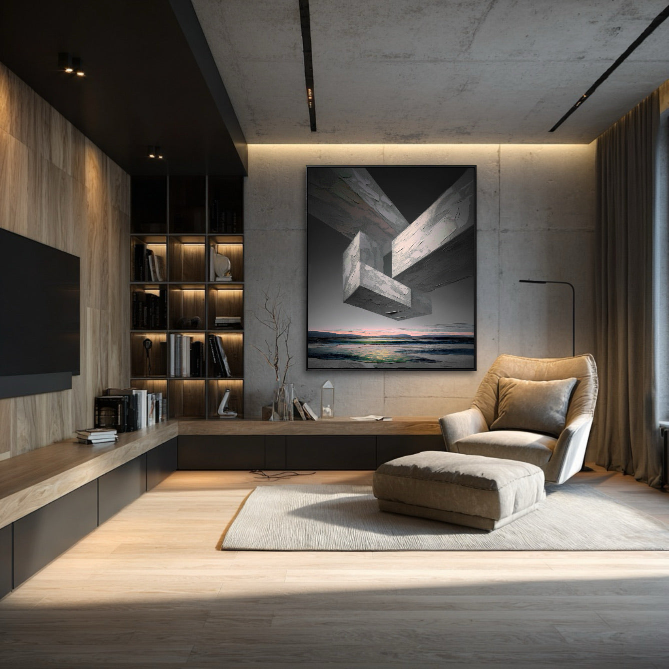 Original architectural painting creating a focal point in a sleek, dark media room with concrete walls, wood paneling, and a comfortable reading chair.
