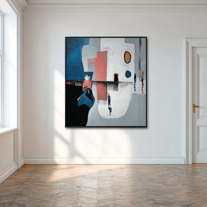 Abstract painting on a white wall in a room with wooden flooring
