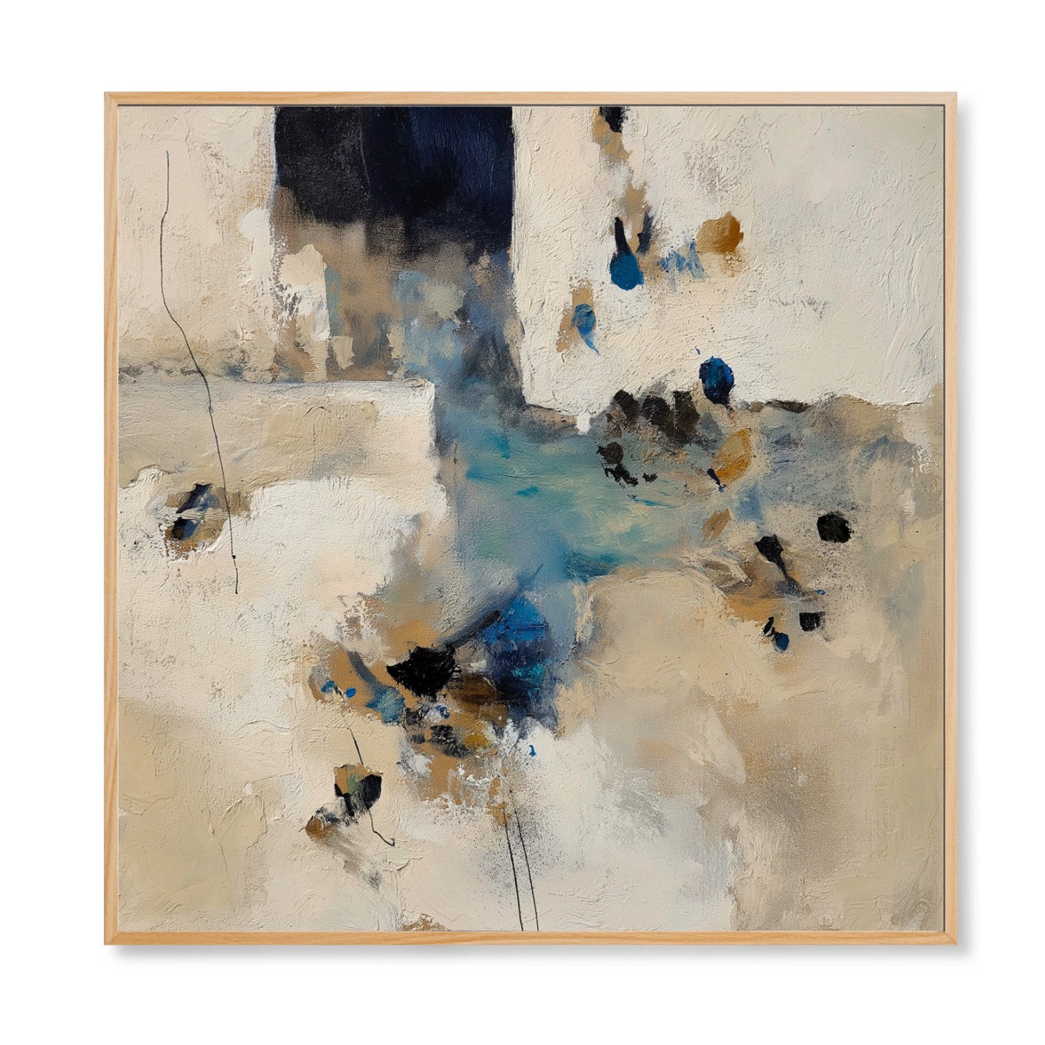 Original abstract impasto oil painting: minimalist geometric design, dark blue, beige, and subtle turquoise; neutral/cool color orientation.