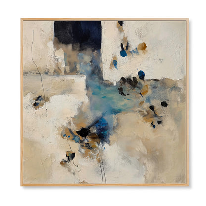 Original abstract impasto oil painting: minimalist geometric design, dark blue, beige, and subtle turquoise; neutral/cool color orientation.