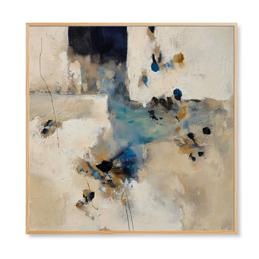 Original abstract impasto oil painting: minimalist geometric design, dark blue, beige, and subtle turquoise; neutral/cool color orientation.