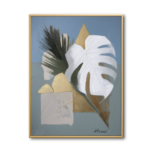 Original geometric Monstera art. White leaf and gold triangle on solid blue. Textured modern botanical painting with gold foil.