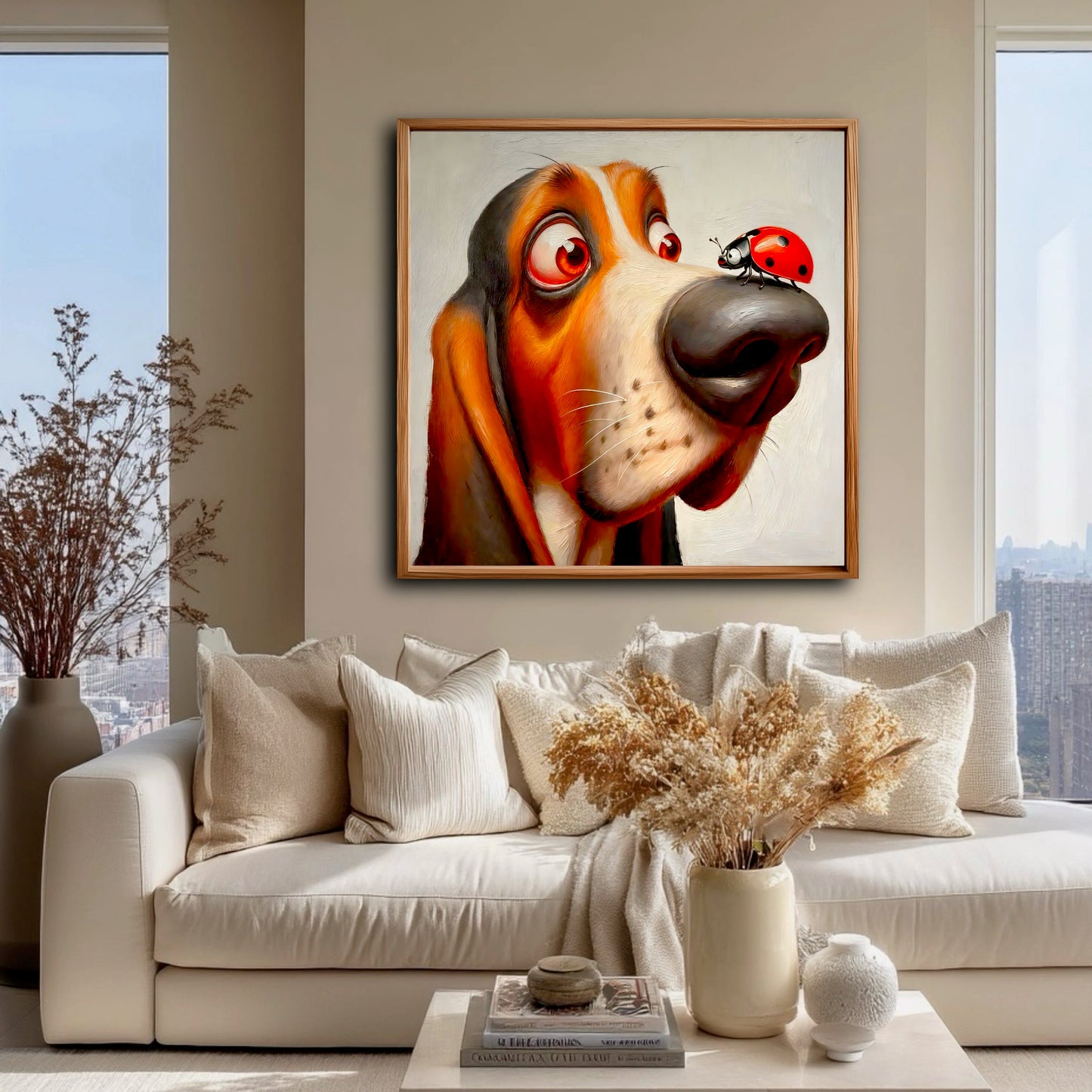 A whimsical painting of a hound dog adds character to an elegant, bright living room, hung on a beige wall above a white sofa.