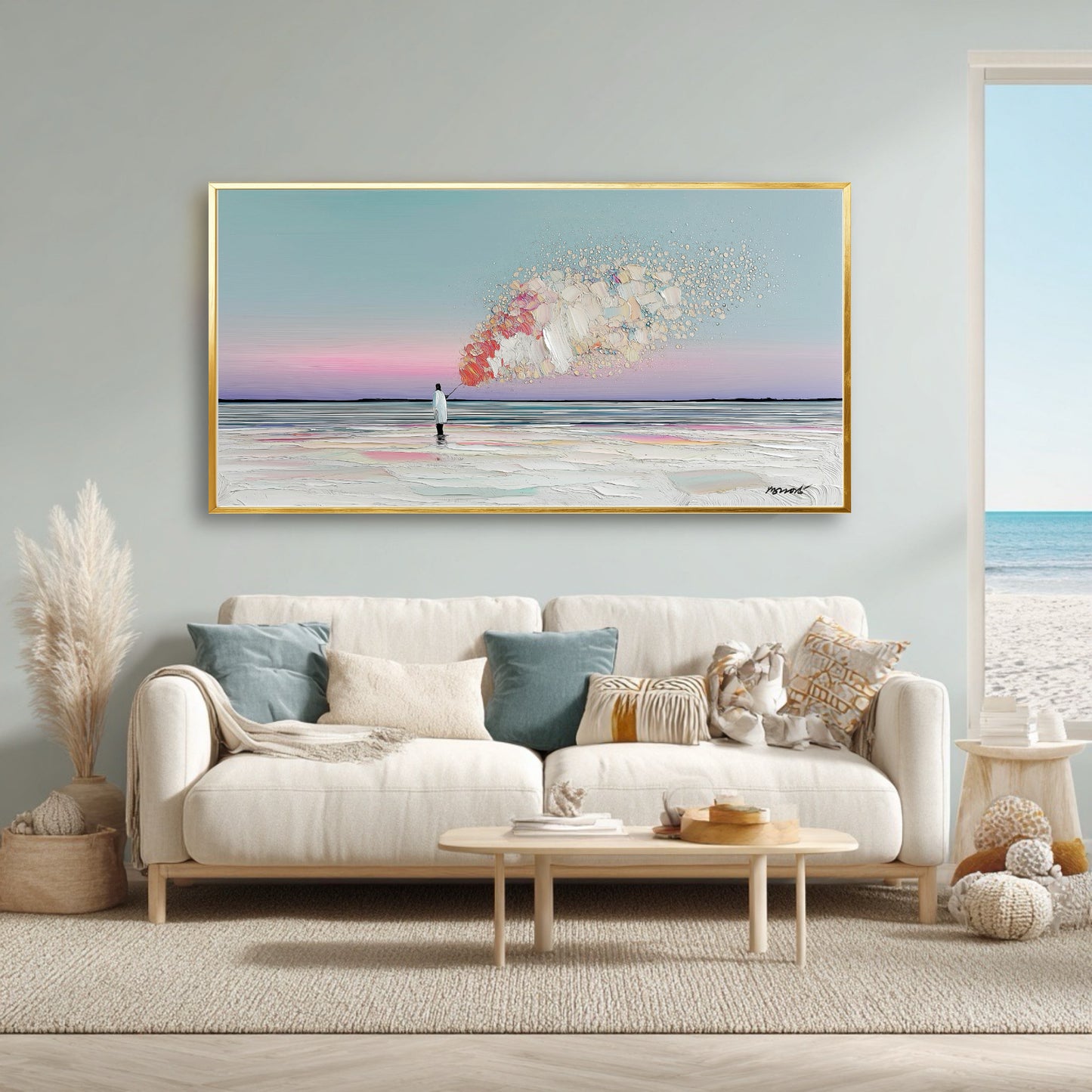 The surreal seascape painting's cool aqua tones and beach theme perfectly complement the airy, coastal decor and ocean view.