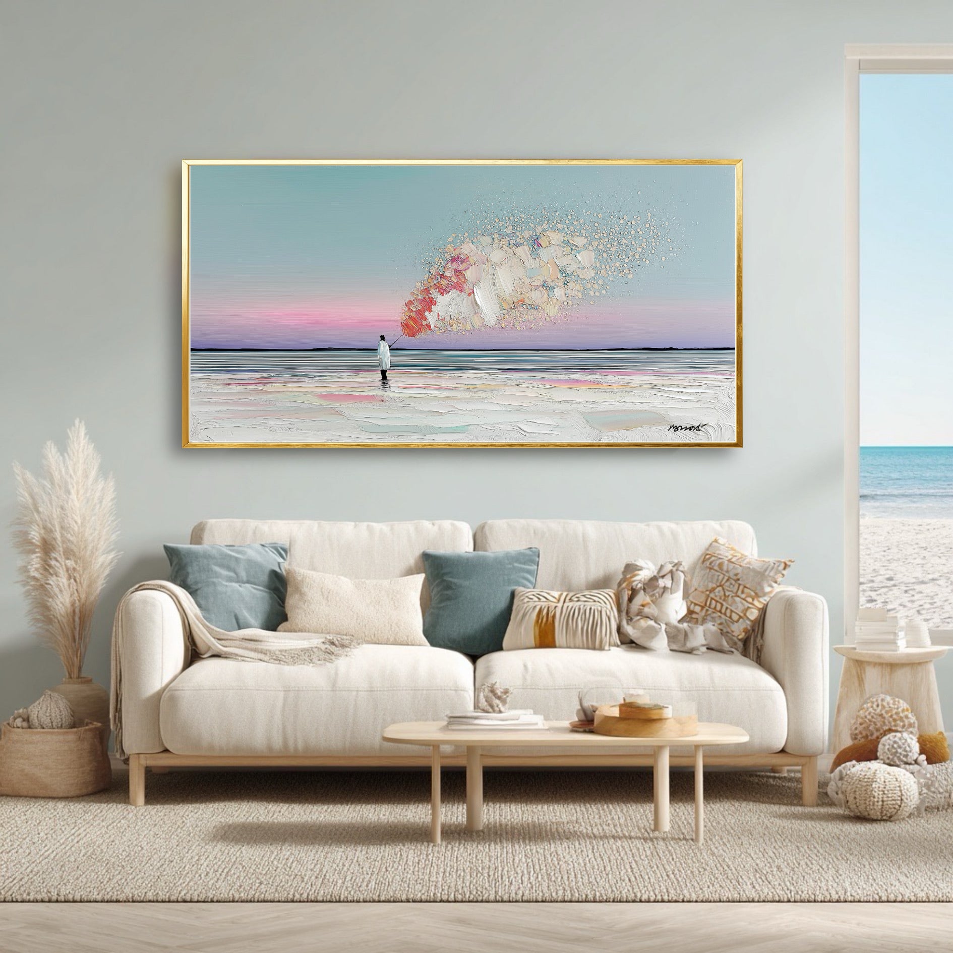 The surreal seascape painting's cool aqua tones and beach theme perfectly complement the airy, coastal decor and ocean view.