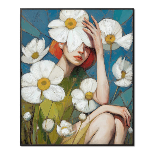 Original impasto oil painting: red-haired woman with large white daisies covering her face; expressive figurative art with green and cool blue tones.