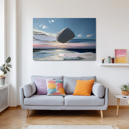 Original canvas above a gray sofa, accented by warm orange/pink/blue geometric cushions in a bright, modern room.