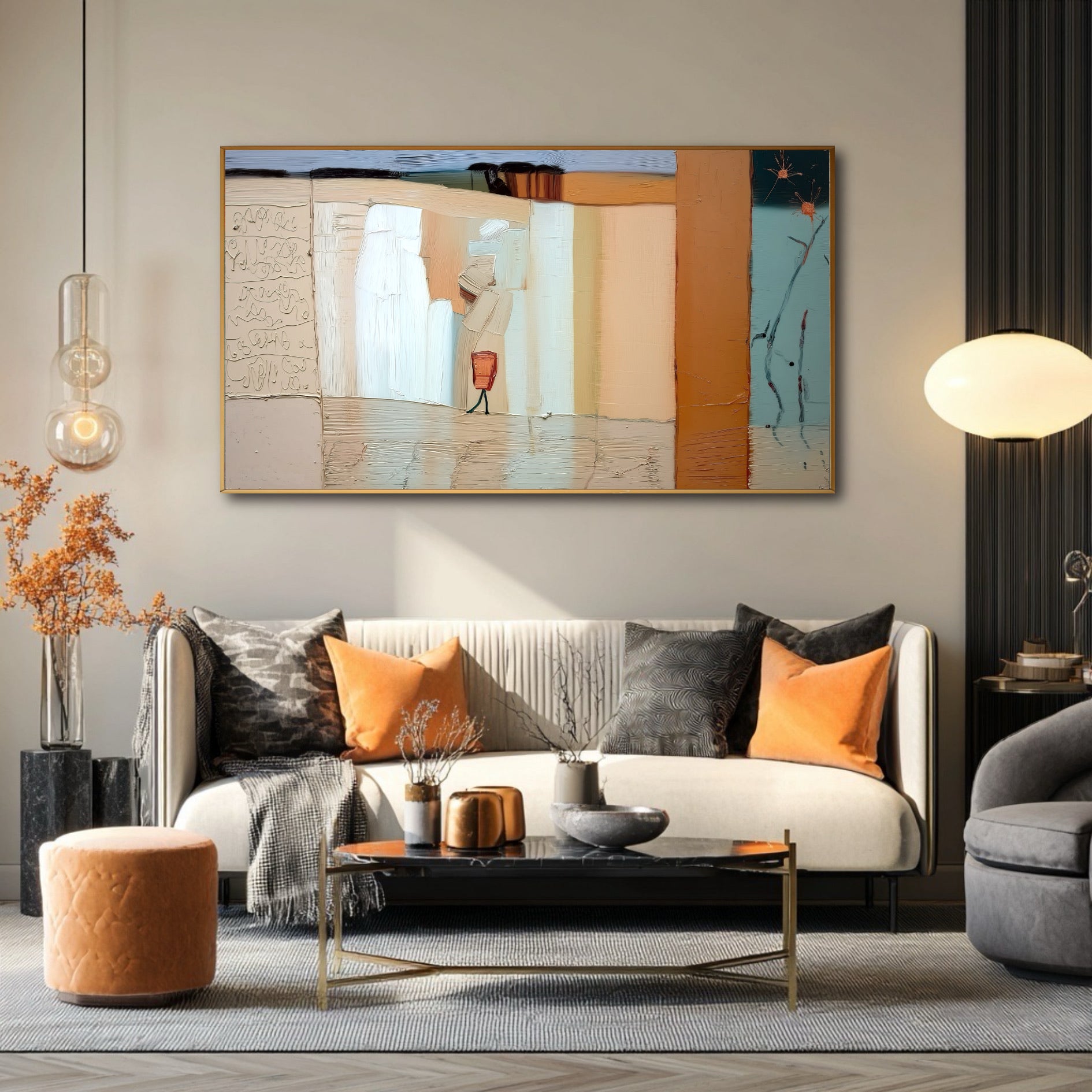 A large abstract painting with orange accents hangs above a white sofa with matching orange pillows in a modern living room.