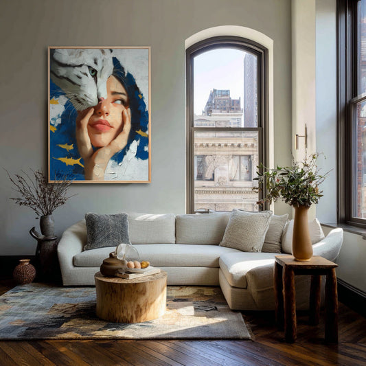 Surrealist painting of a woman and tiger hanging in a bright city loft with a large arched window and a beige sectional sofa.