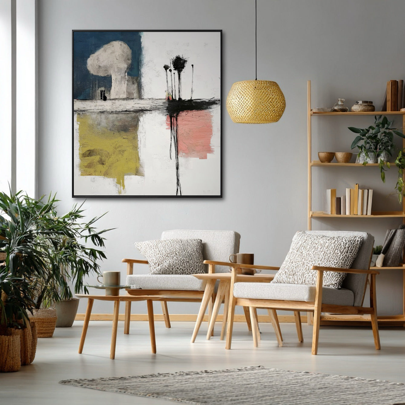 Modern living room with abstract art, wooden furniture, and decorative plants.