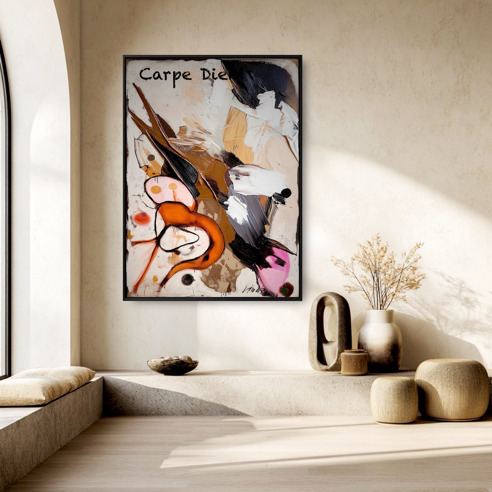 Original abstract "Carpe Diem" art on a beige wall in a sunlit, minimalist nook with a stone bench and dried botanicals.