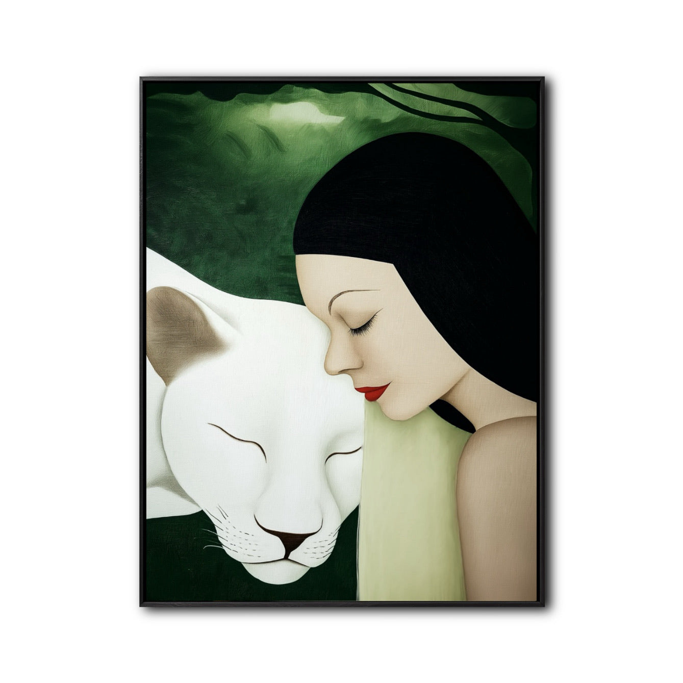 Original oil painting: Woman and white panther in repose. Cool green, warm skin tones, minimalist contemporary figurative art.