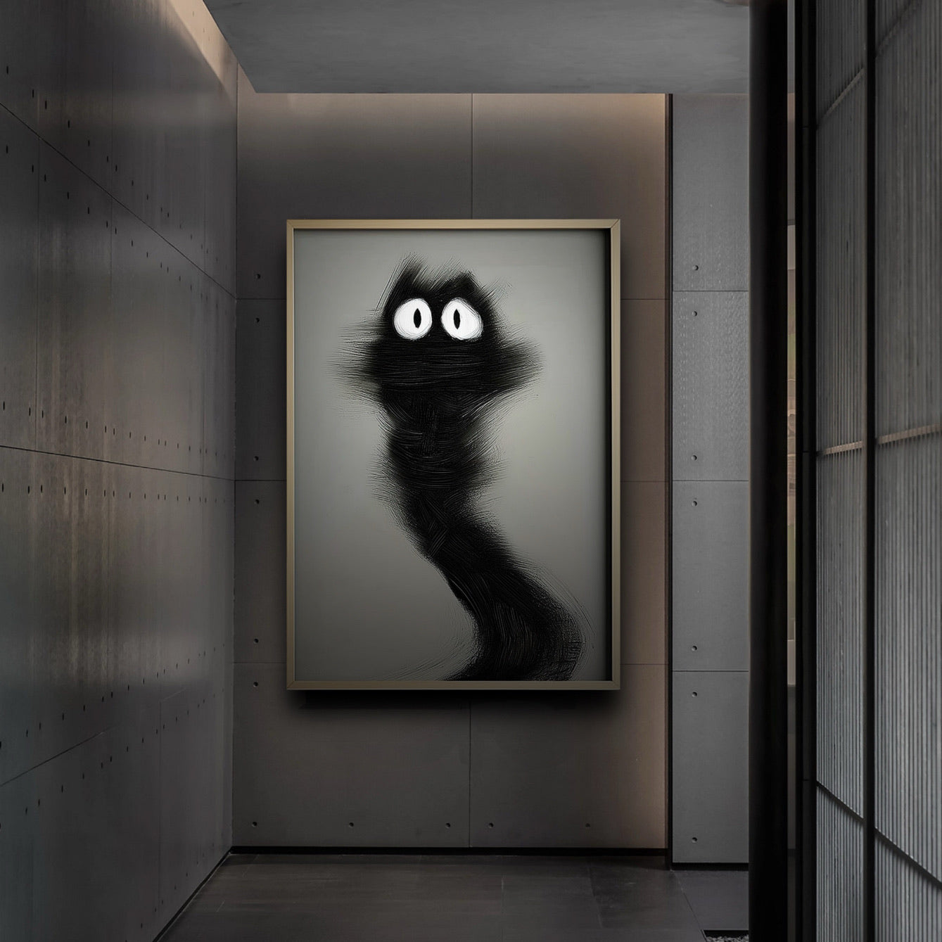 Abstract black cat art in a modern hallway, creating an intriguing focal point against the sleek, dark concrete walls and minimalist design.