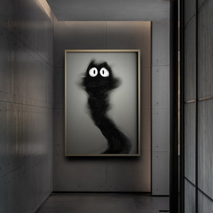 Abstract black cat art in a modern hallway, creating an intriguing focal point against the sleek, dark concrete walls and minimalist design.