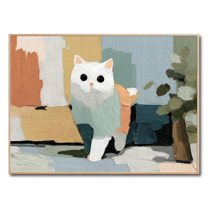 Original thick impasto abstract cat painting with stylized color blocks in terracotta, mint, blue, and yellow, conveying a playful vibe. Neutral tone.