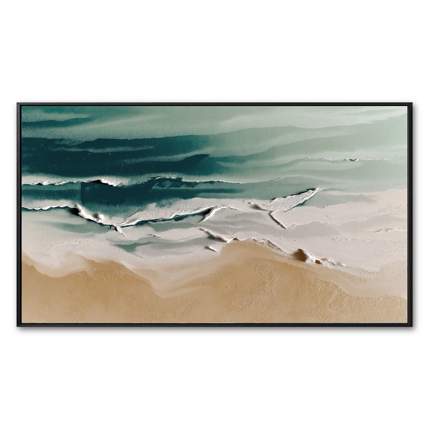 Original abstract painting of an aerial beach. Features textured teal waves and warm sand. A modern, balanced-tone art piece.