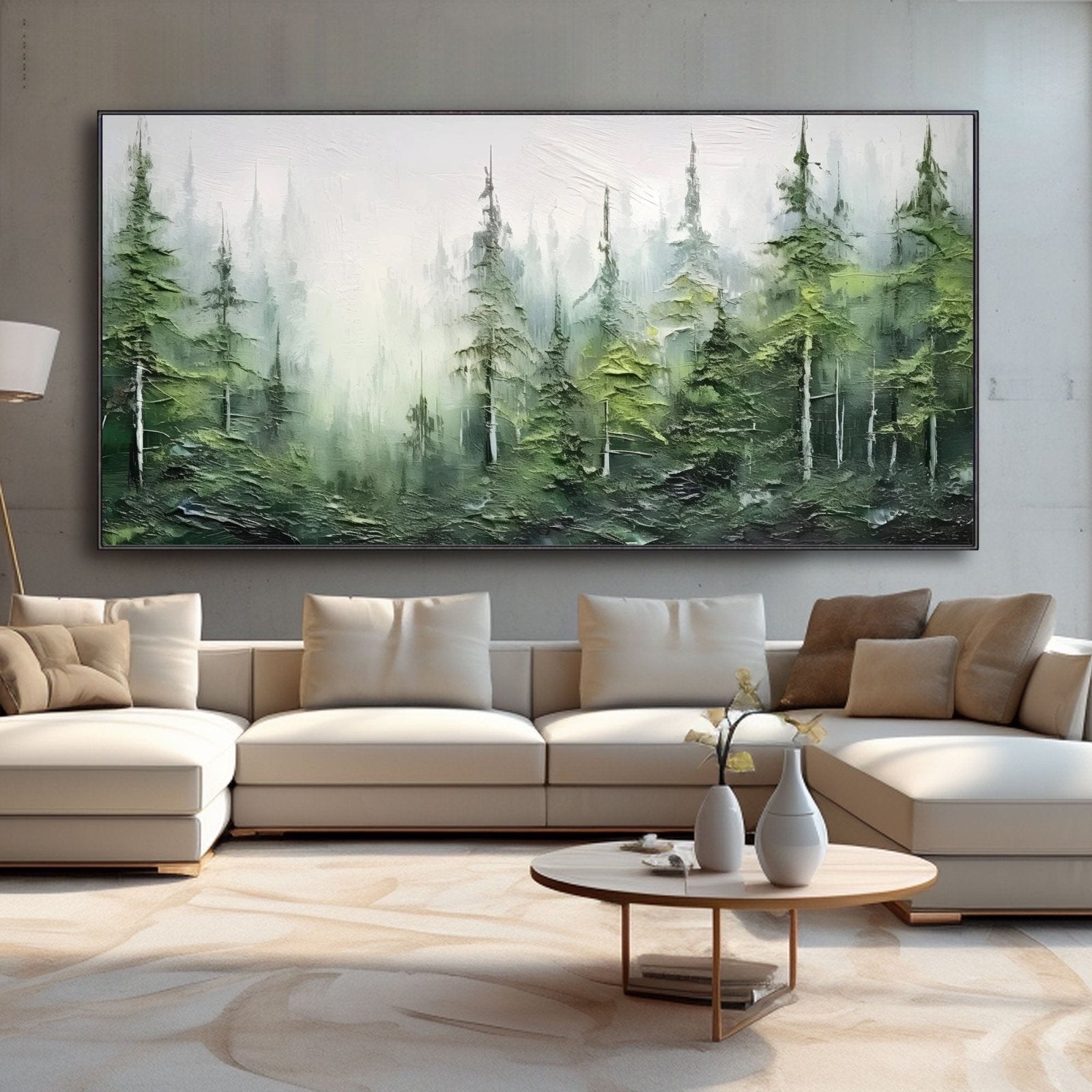 Serene green forest painting anchors a light-filled, symmetrical, and minimalist living room, balancing the cream furniture and two floor lamps.