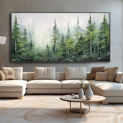 Serene green forest painting anchors a light-filled, symmetrical, and minimalist living room, balancing the cream furniture and two floor lamps.