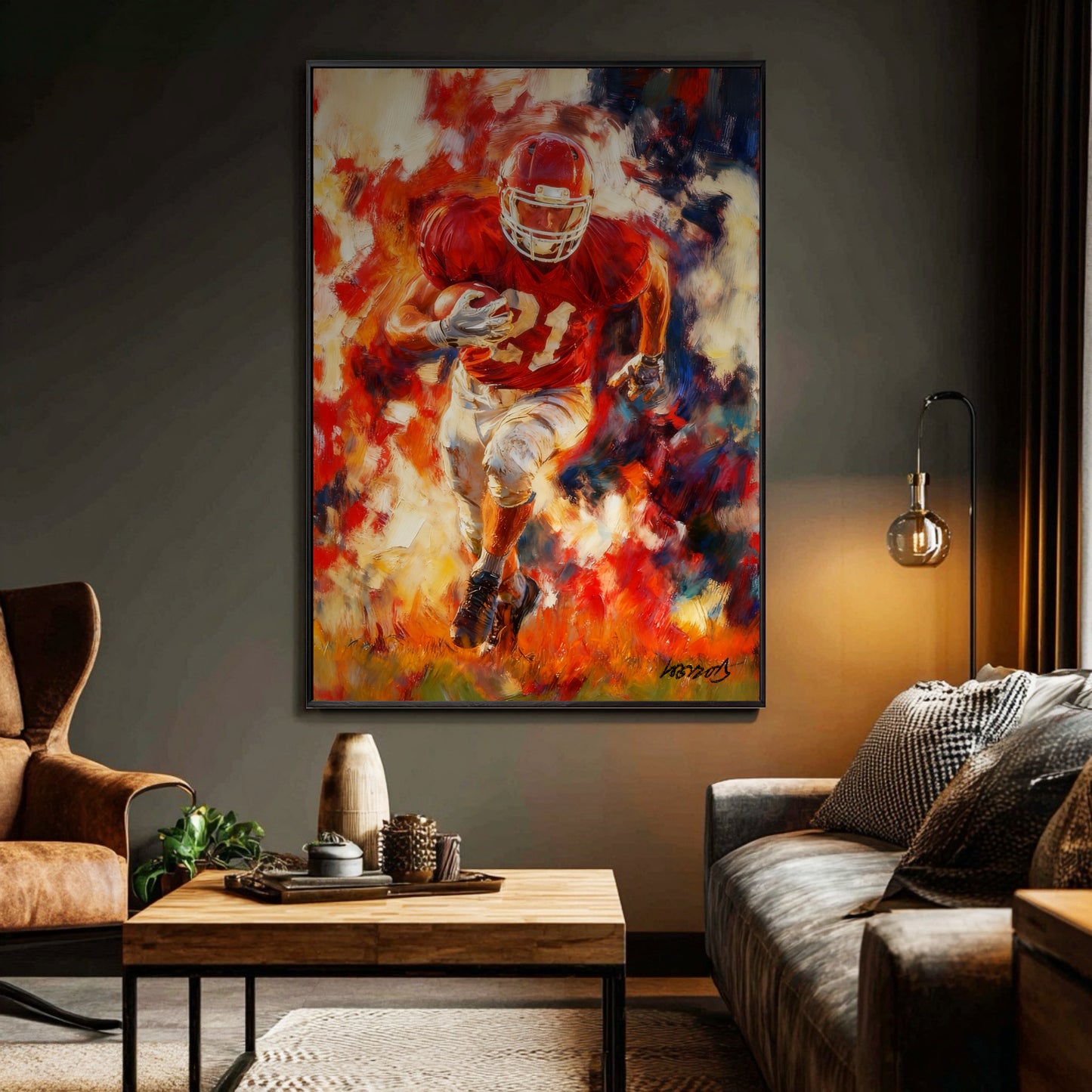 Framed football player painting in a dark, moody living room with a modern sofa and a stylish floor lamp.