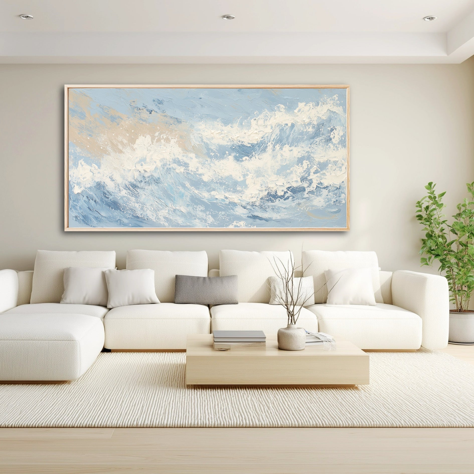 A large abstract wave painting acts as a dynamic, cool-toned focal point above a large white sectional in a modern living room.