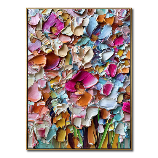 Original hand-painted vertical abstract floral art: extreme impasto texture in a vibrant mix of warm pink, orange, and cool blue.