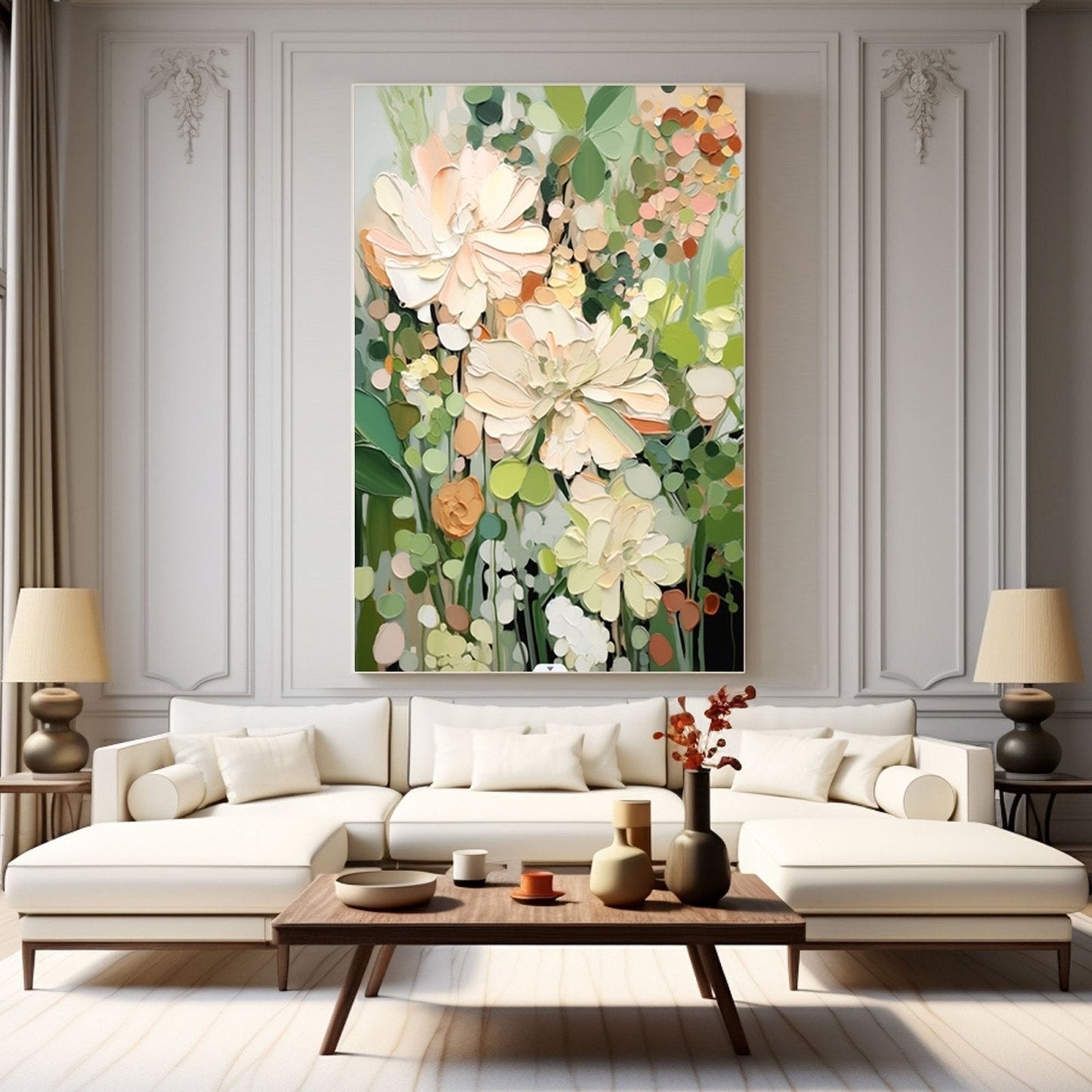 Large abstract floral canvas adds soft color and texture to a formal living room with decorative wall moulding, elegant white sectional, and classic symmetry.